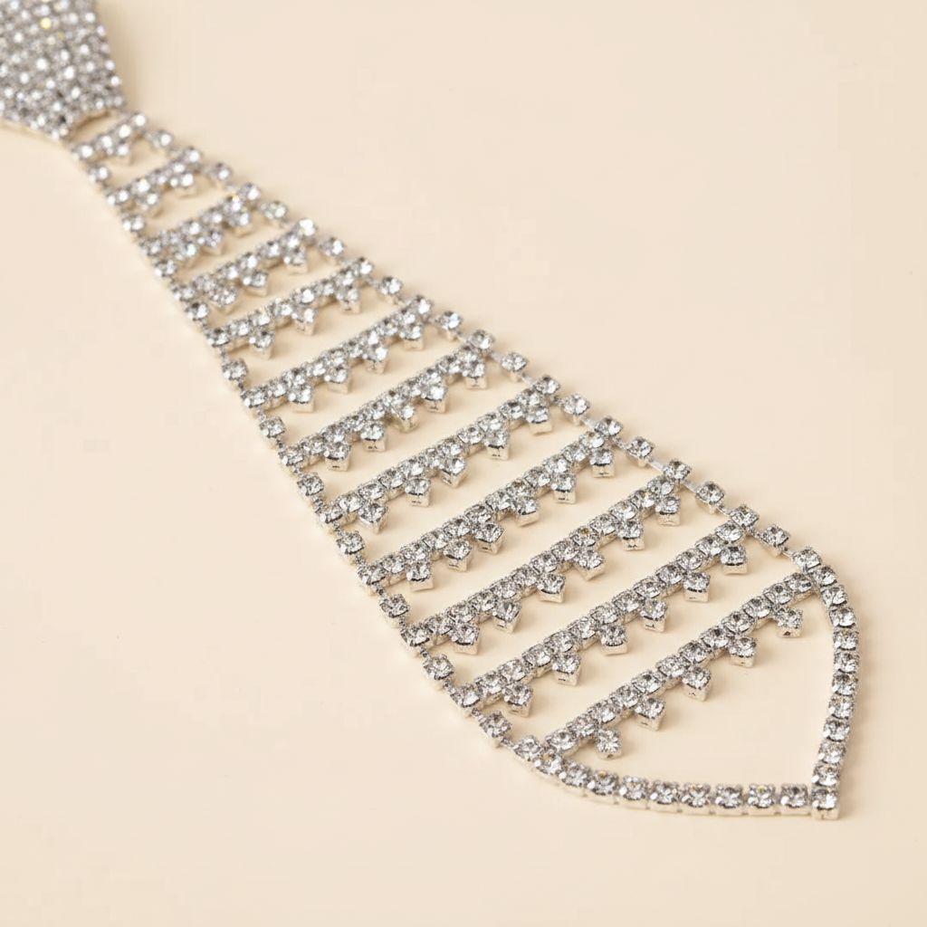 Close detail of the openwork crystal drop on a silver rhinestone tie necklace