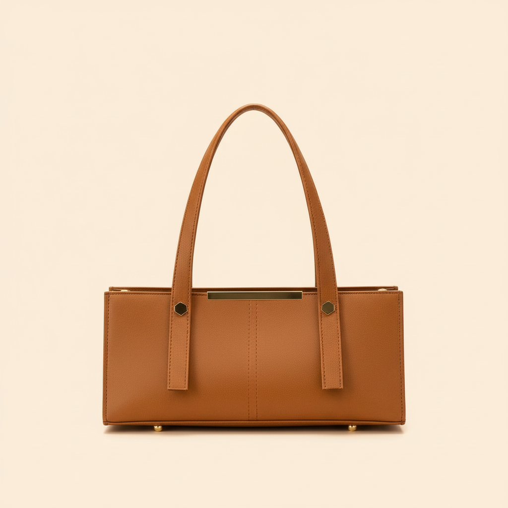 Mustard structured leather shoulder bag on a warm ivory background