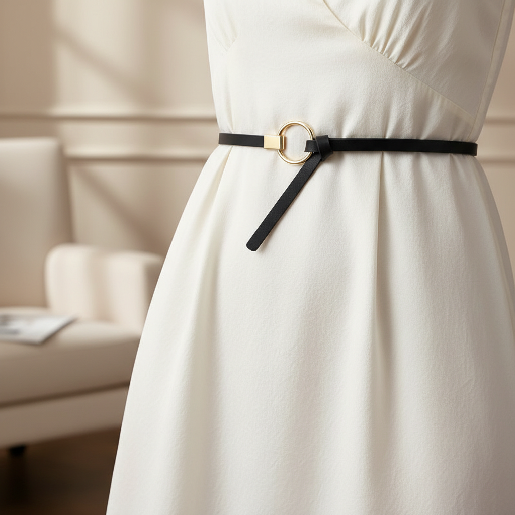 Woman wearing the slim black belt with gold ring buckle over an elegant ivory dress