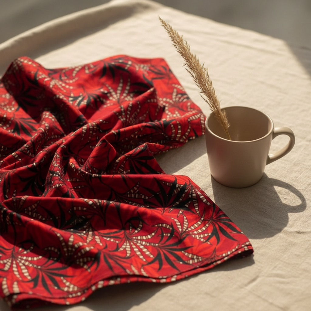 Red printed polo cotton fabric draped on neutral linen in natural light