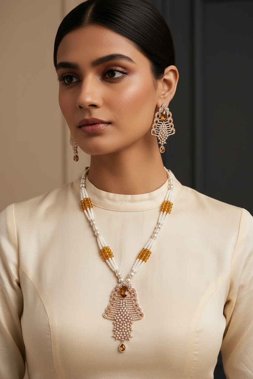 Woman wearing a pearl-style necklace with amber filigree pendant and matching drop earrings