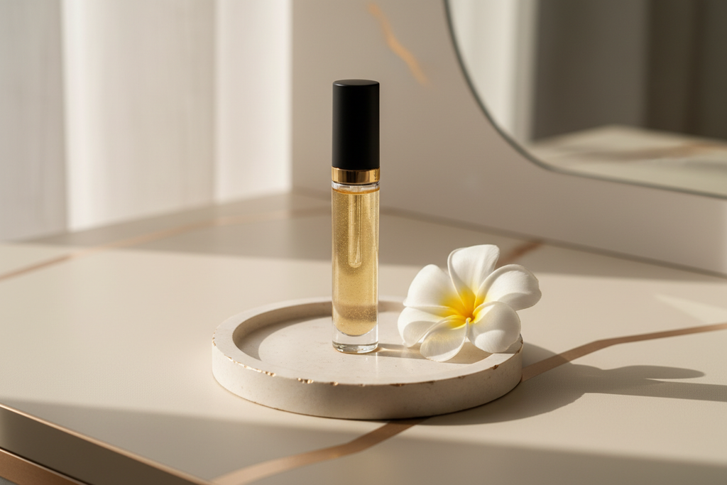 Eyelight golden under-eye roller styled on an ivory vanity with a delicate white flower