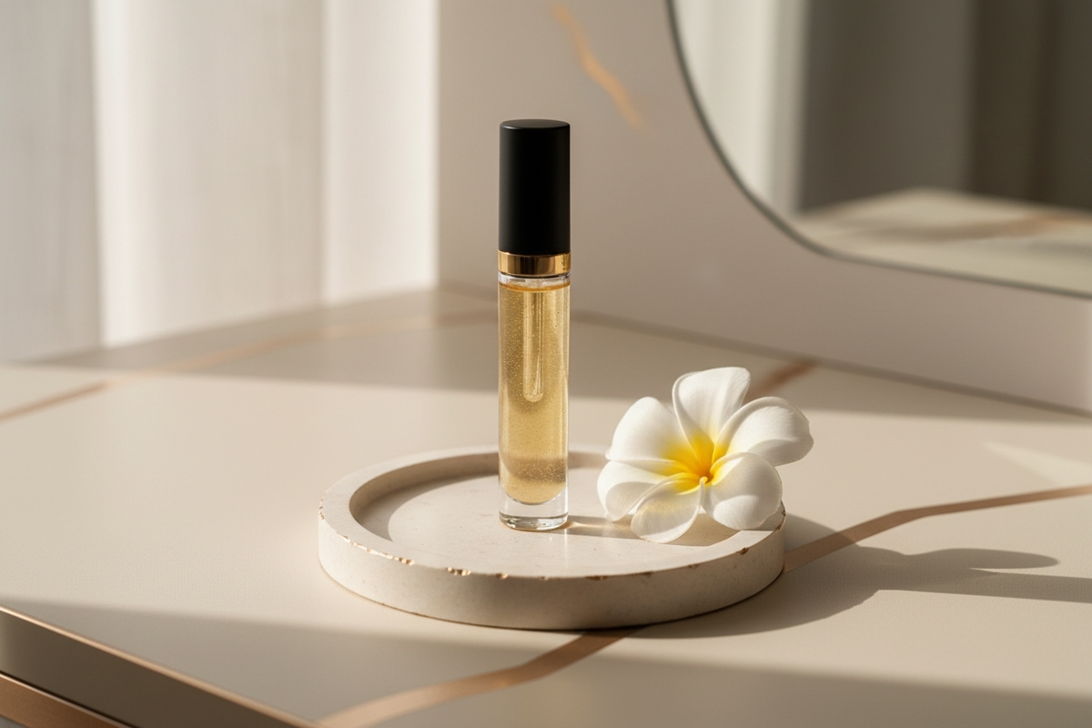 Eyelight golden under-eye roller styled on an ivory vanity with a delicate white flower