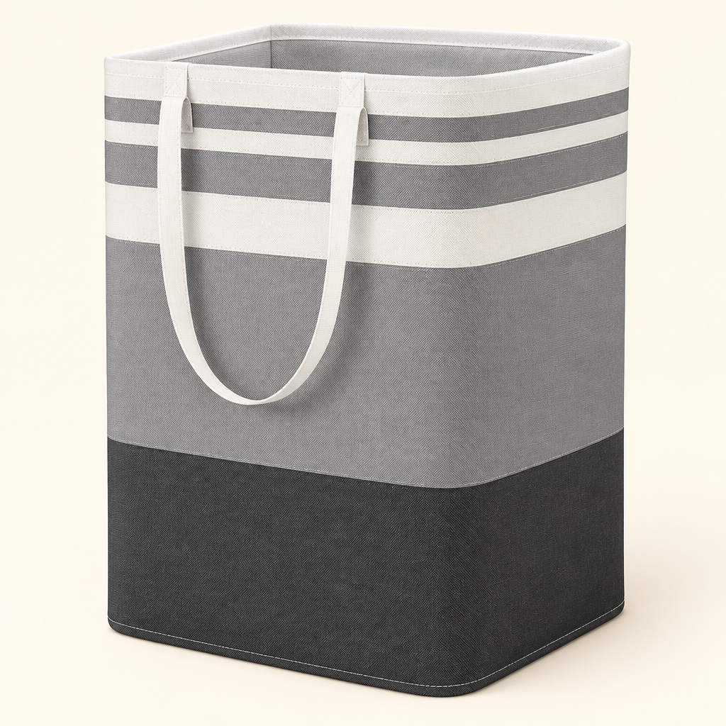 Close view of grey striped foldable laundry basket with white carry handles