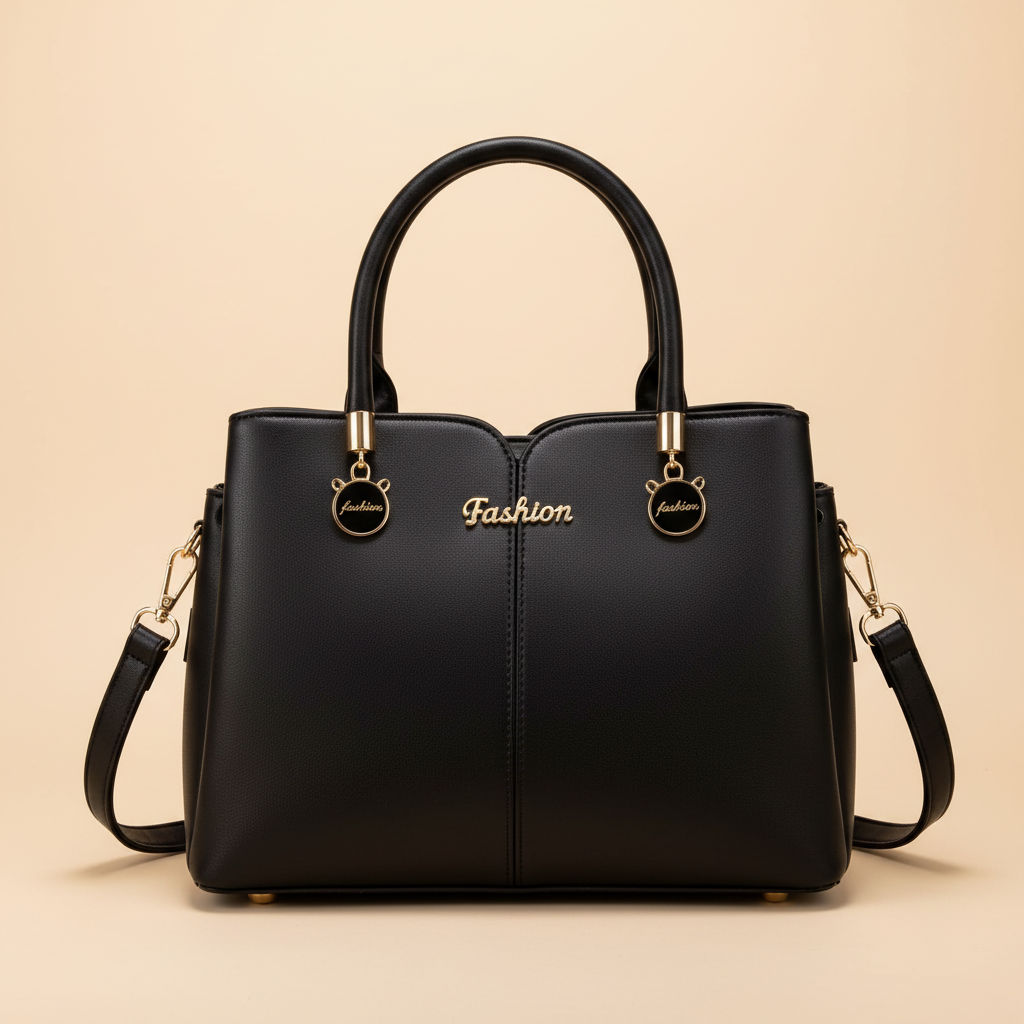 Black structured leather shoulder bag with three pockets and top handles on a warm ivory background
