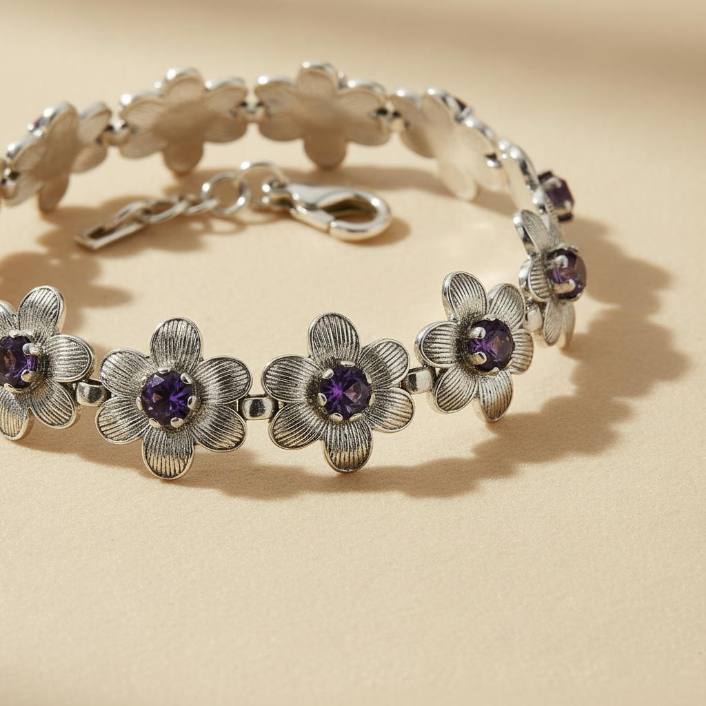 Close-up of silver-tone floral bracelet links with purple stone accents