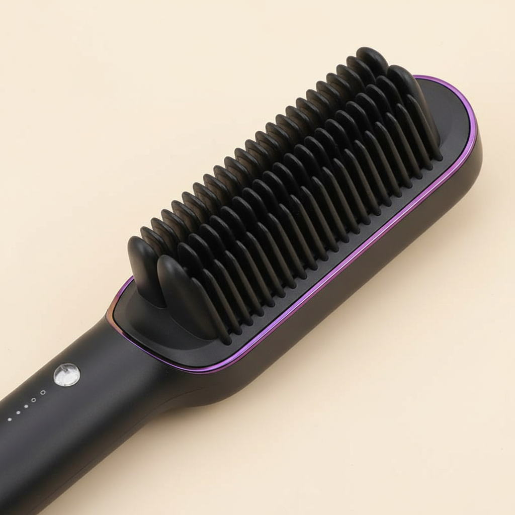 Close detail of black heated hair dryer brush comb teeth, purple trim and controls