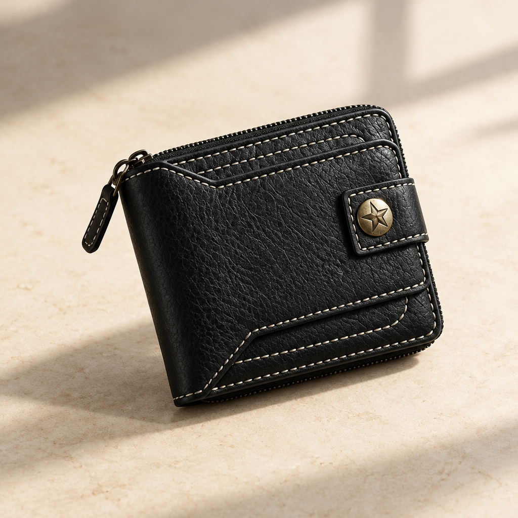 Black leather zip-around bifold wallet with contrast stitching and star snap on ivory background
