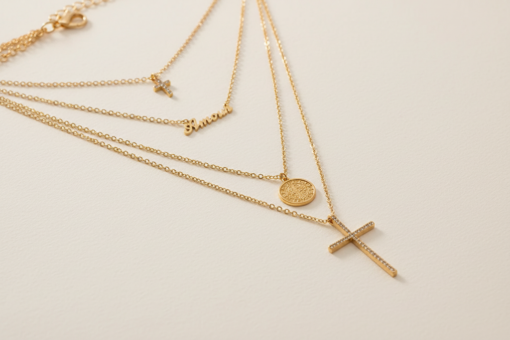 Close detail of layered gold-tone chains with cross pendants, Amour charm, medallion, and clasp