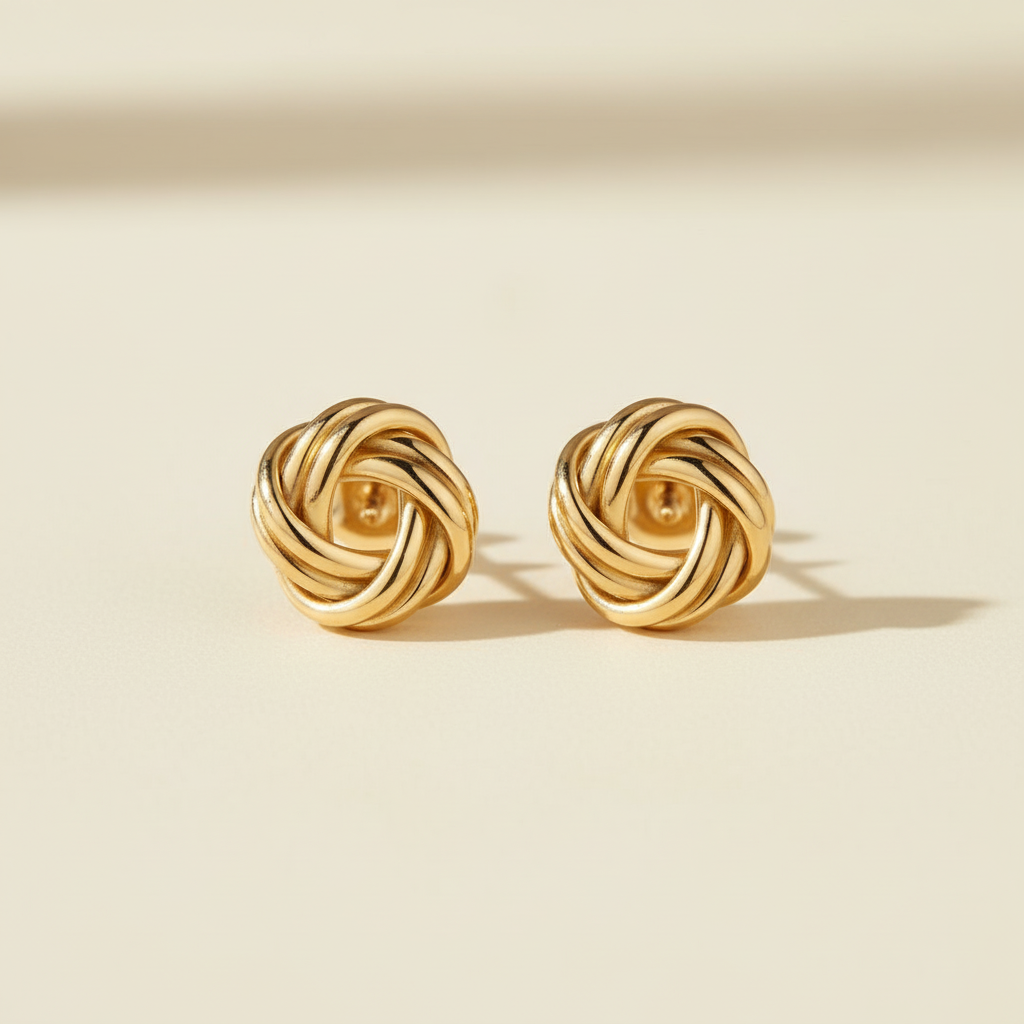 Pair of gold-tone interlocking knot stud earrings on a warm ivory background