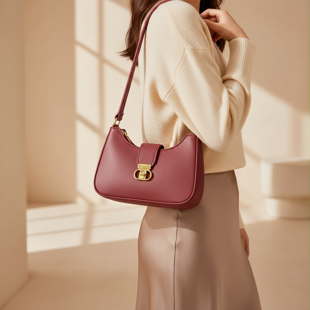 Woman wearing a maroon leather shoulder bag with gold-tone clasp in a neutral interior