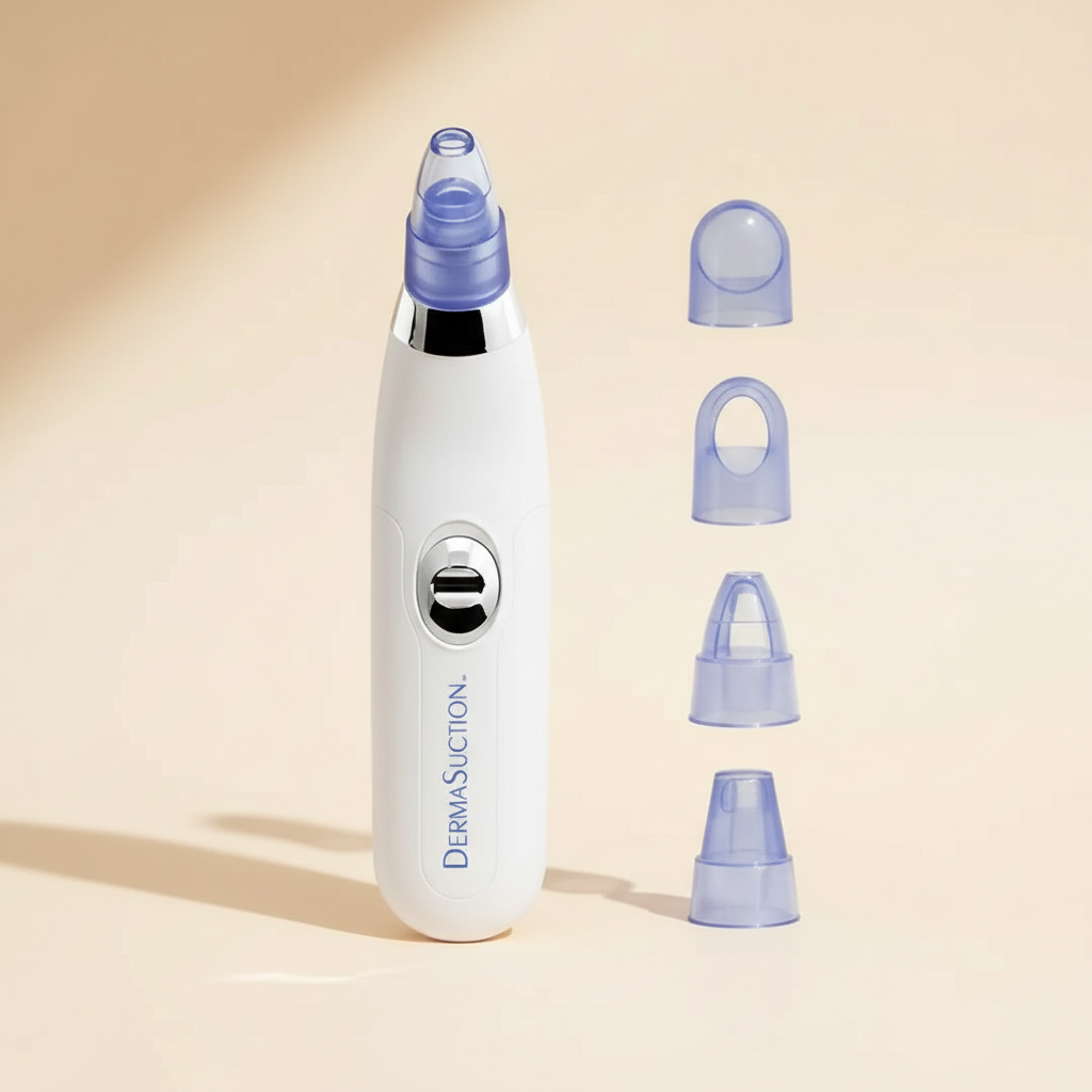 White Derma Suction facial cleanser with blue interchangeable tips on a warm ivory background