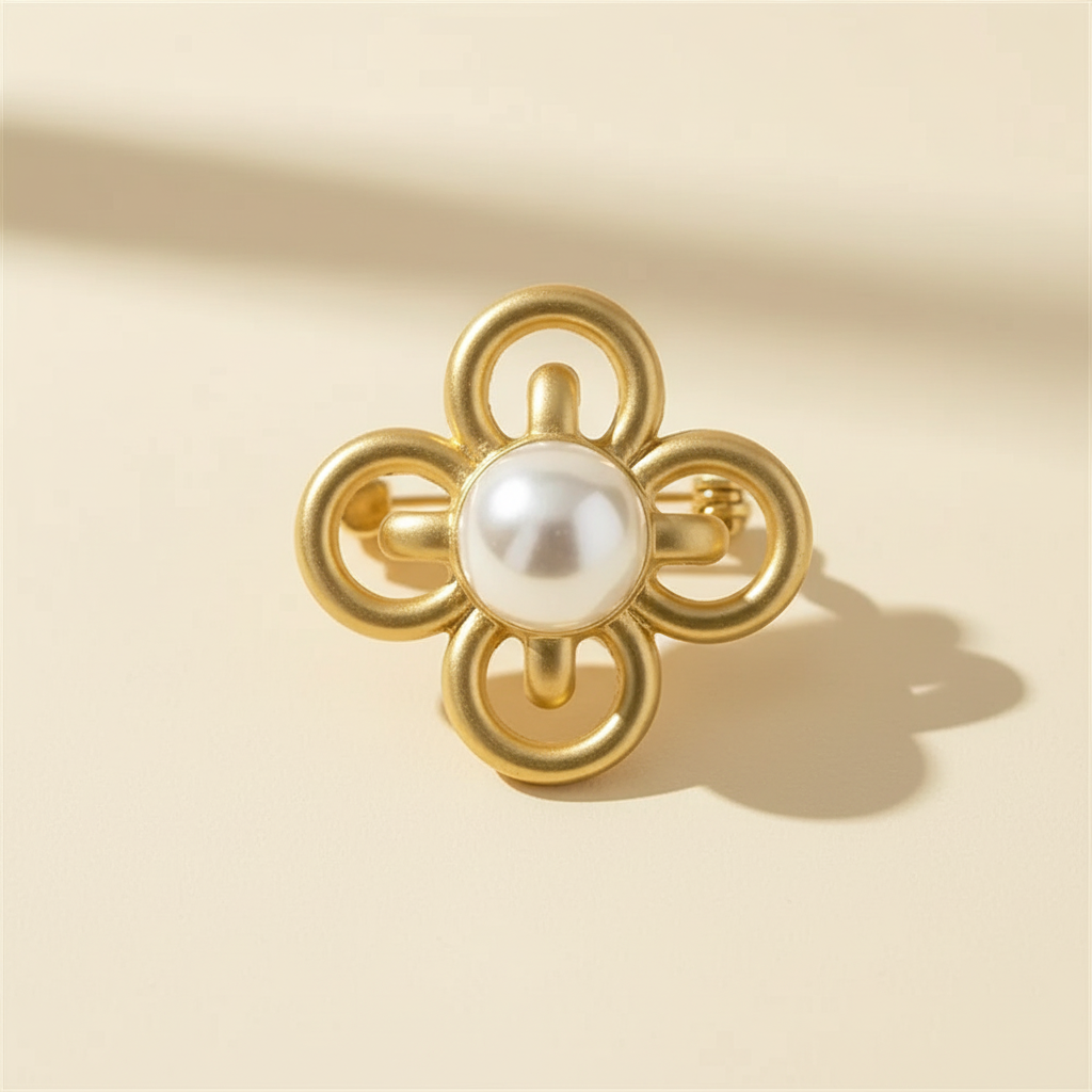 Gold-tone four-leaf clover brooch with a white pearl-style center on a warm ivory background