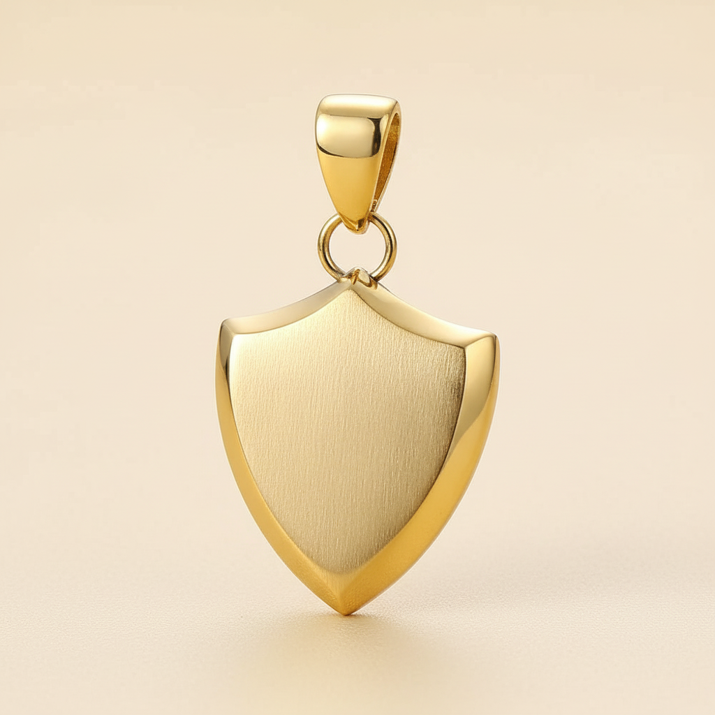 Close detail of the polished gold bail, connecting ring, and shield pendant