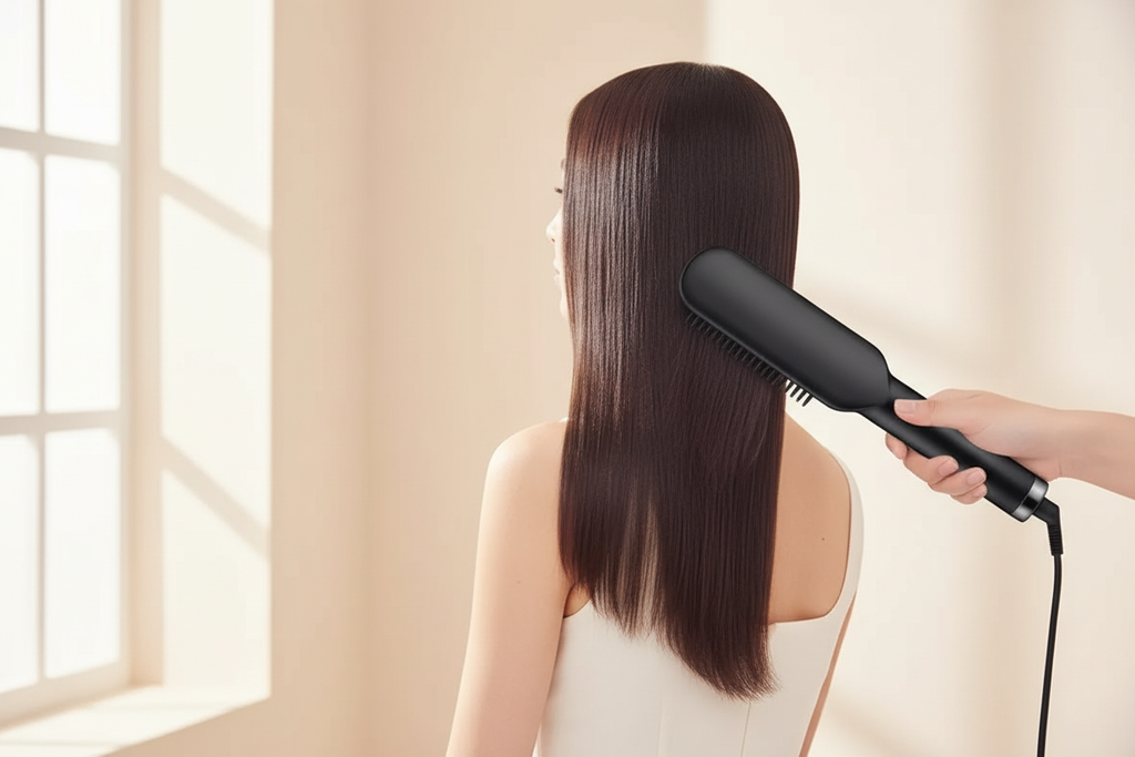 Woman smoothing long dark hair with the black TAJIO heated straightening brush in a minimal ivory room