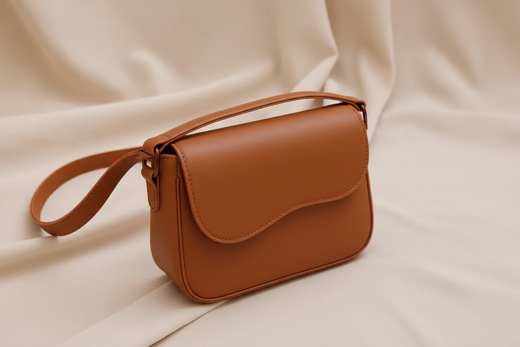 Close detail of mustard leather shoulder bag with curved flap and stitching