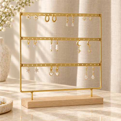 Gold three-tier earring organizer with wooden base holding earrings on a softly lit vanity