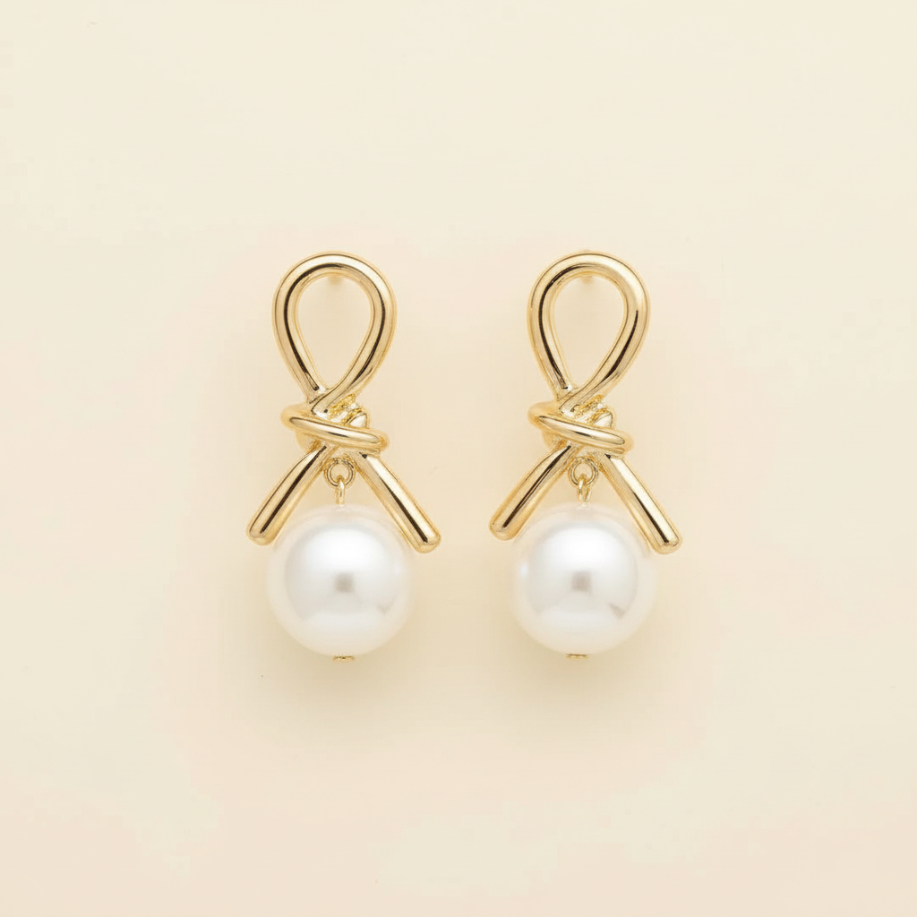 Gold-tone knot pearl drop earrings in the White colorway on a warm ivory background