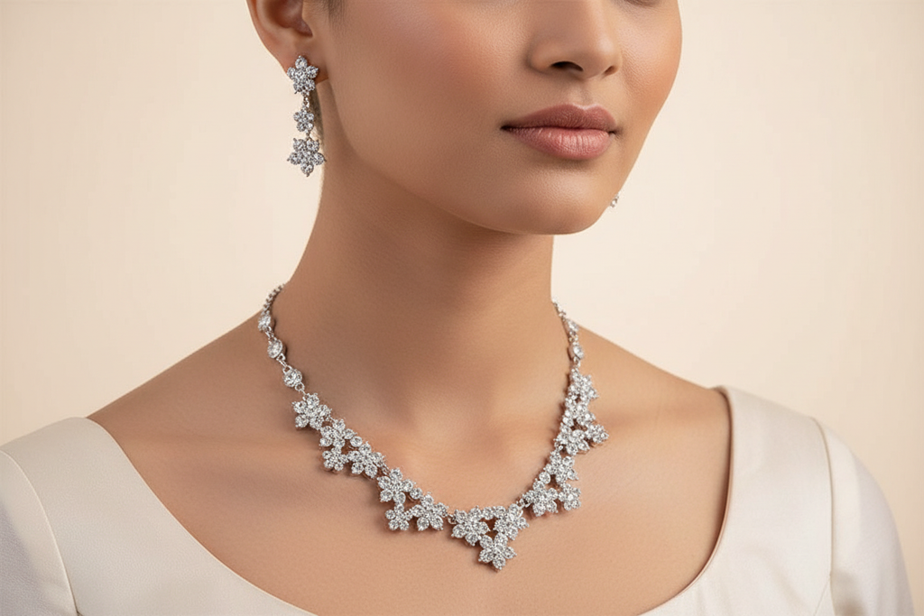 Silver-toned floral bridal necklace and matching drop earring worn by a model
