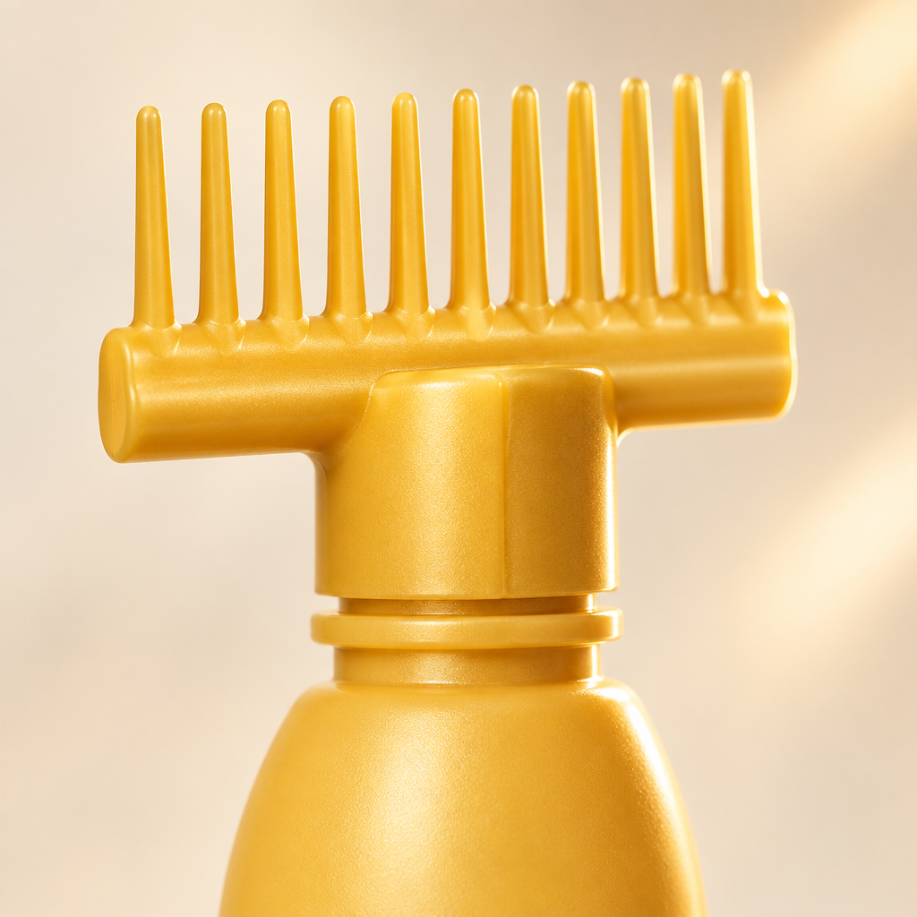 Close-up of comb teeth and pump nozzle on hair oil applicator bottle
