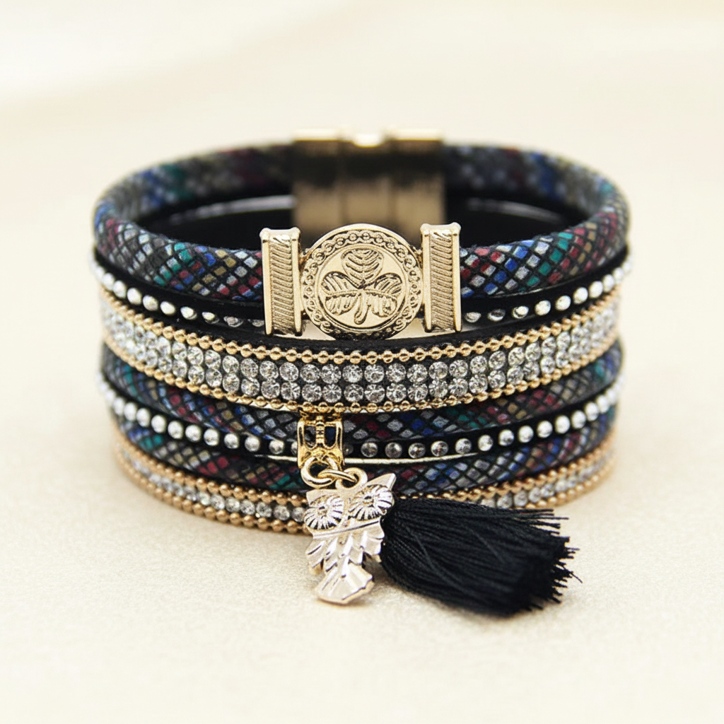 Close detail of black layered leather bracelet showing crystal-style accents, decorative clasp, leaf charm and tassel