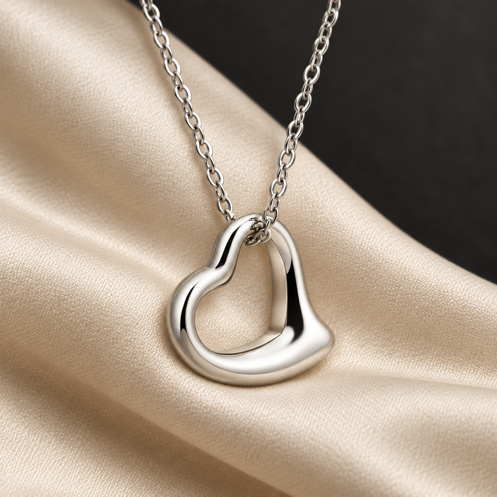 Close-up of polished silver open heart pendant and chain