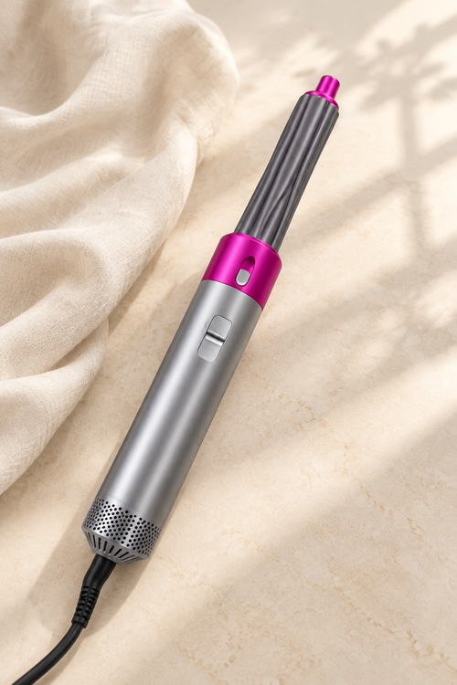 Pink and silver 5-in-1 hot air hair styler with curling barrel on ivory surface