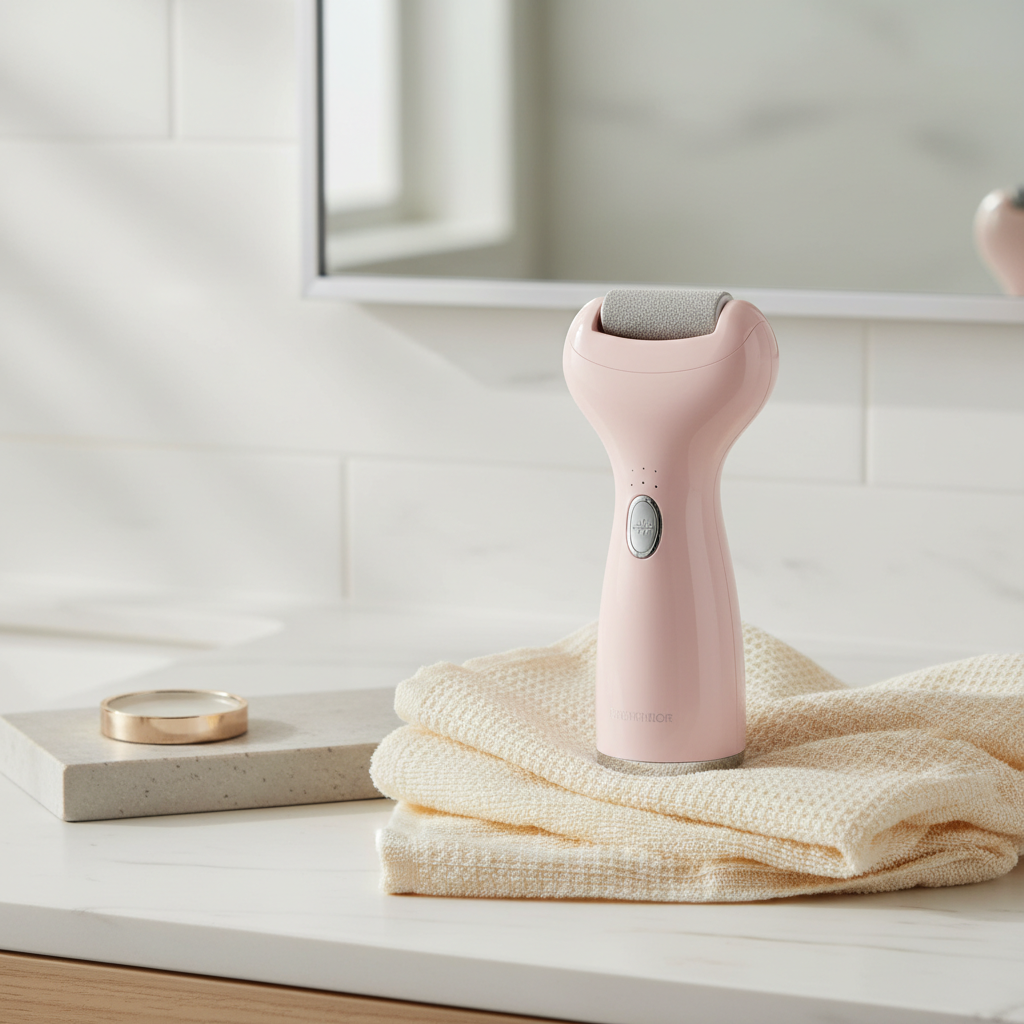 Pink rechargeable electric foot file styled on an ivory towel in a modern bathroom setting