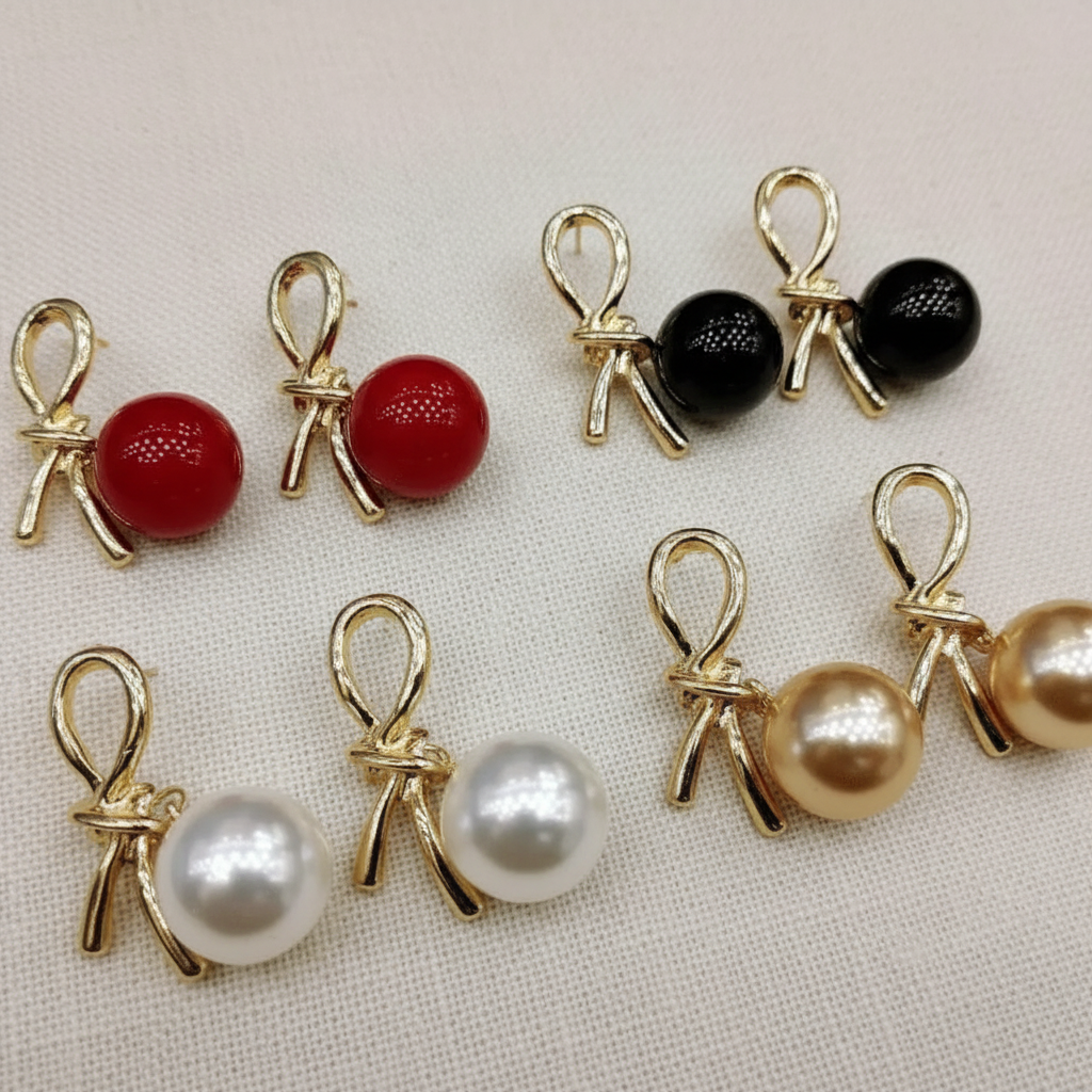 Knot pearl drop earrings in White, Red, Black and Golden colorways