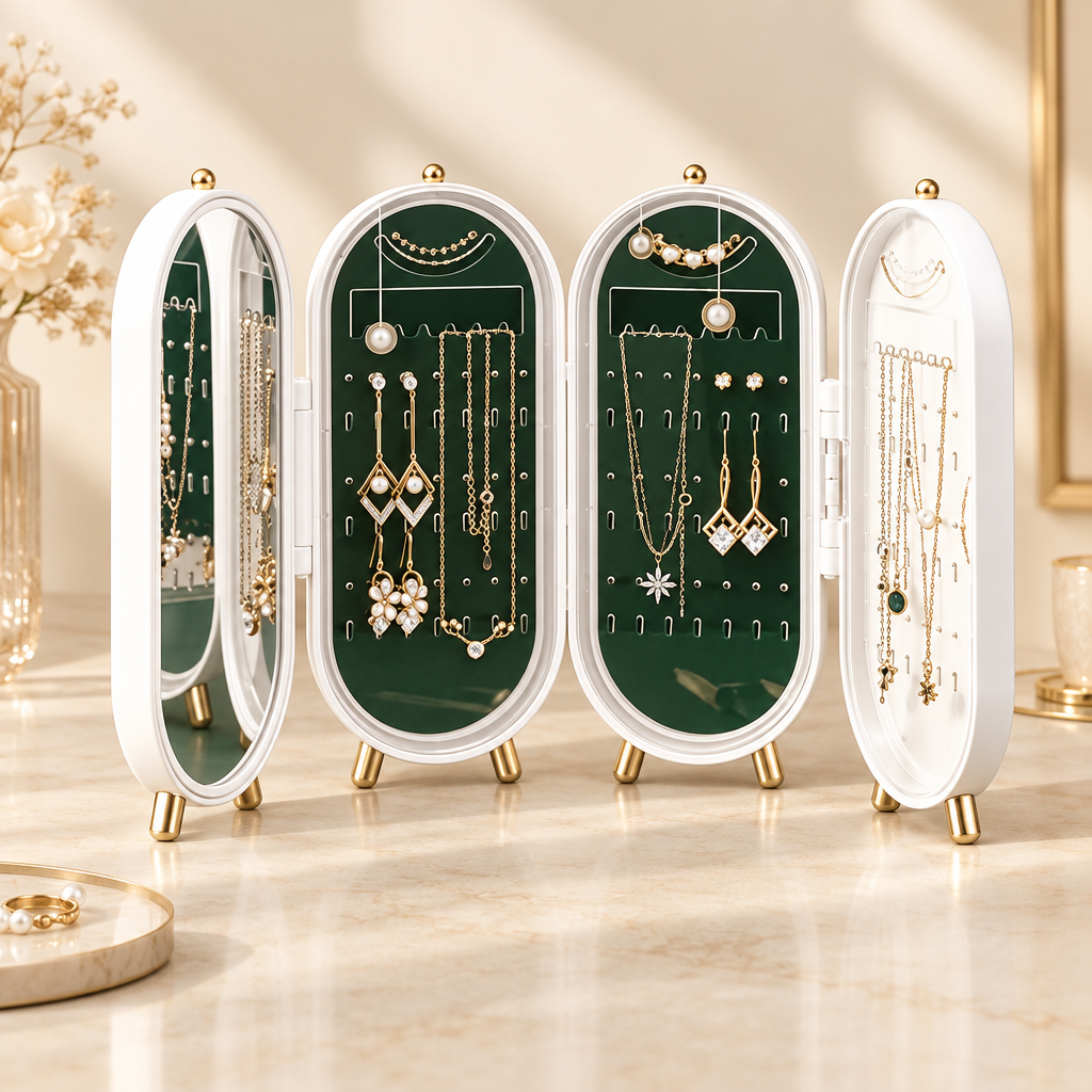 Open green and white folding jewellery organizer on an ivory tabletop