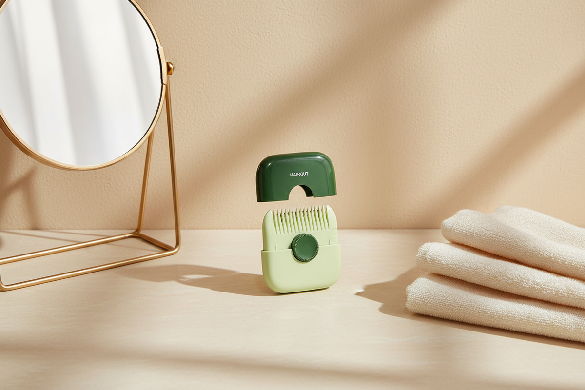 Portable multicolor hair trimmer comb beside a mirror and folded ivory towel