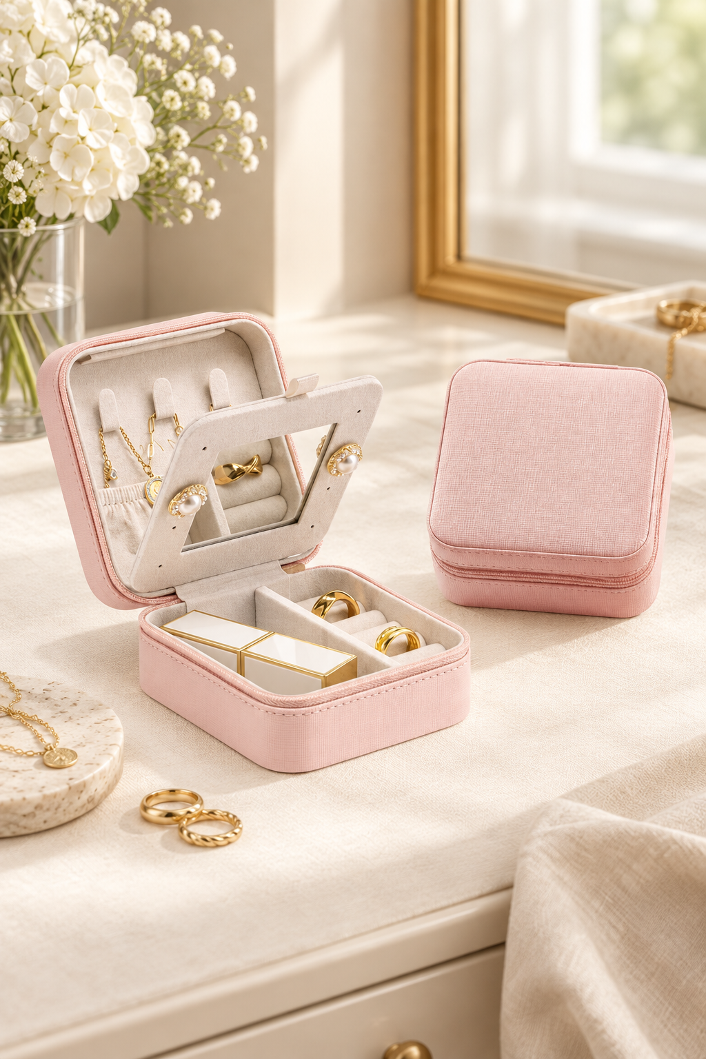 Two pink travel jewellery boxes styled on a warm ivory vanity