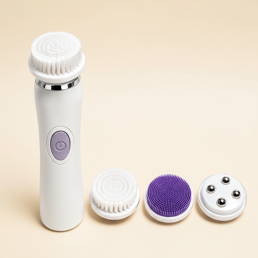 White GBL-737 3-in-1 electric facial cleansing brush with three interchangeable heads on a warm ivory background