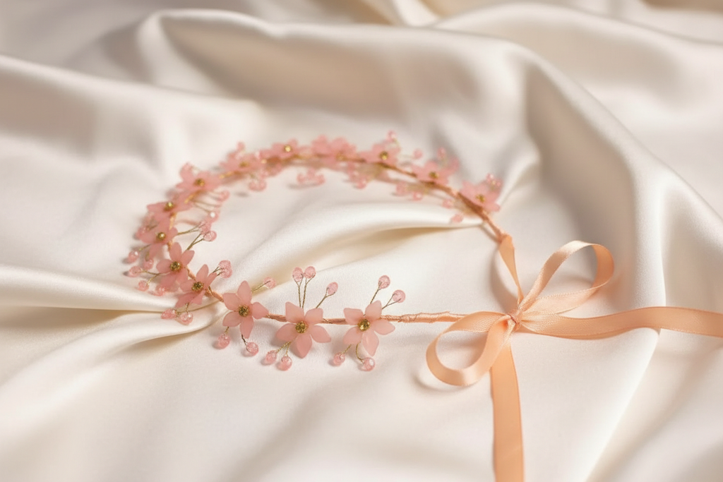 Peach floral crown hairband styled on ivory silk