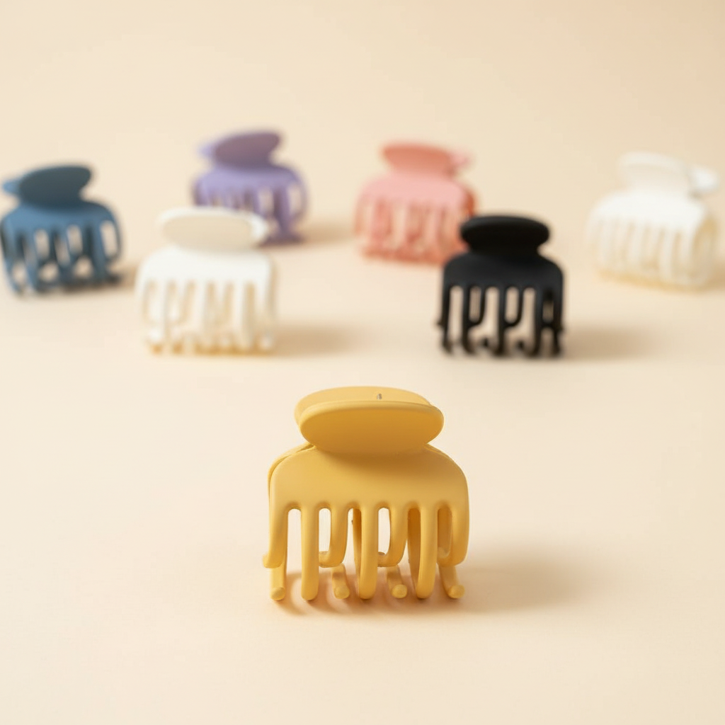 Close detail of a yellow ABS claw hair clip with assorted colors in the background