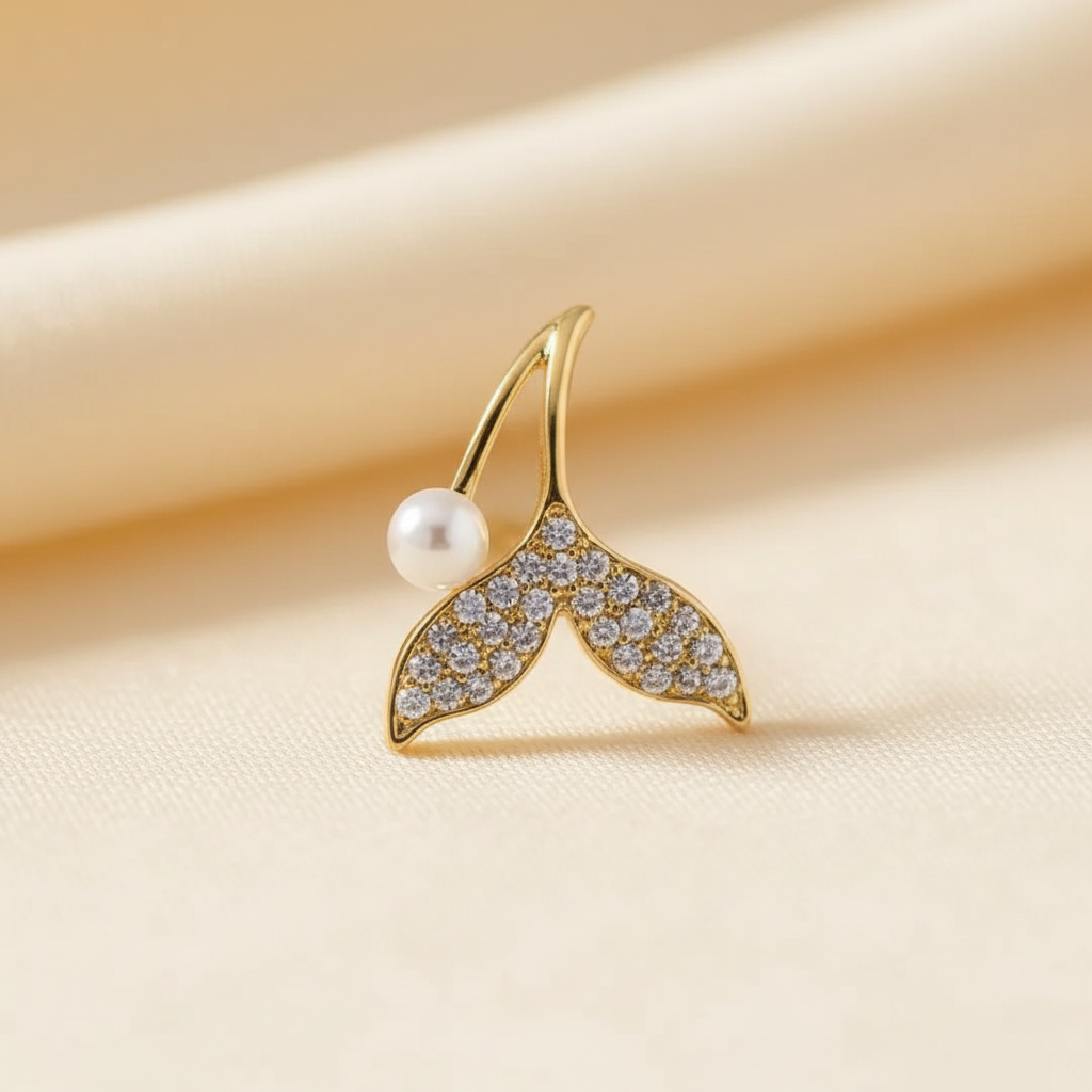 Macro close-up of the pavé crystal fish tail and pearl accent in golden finish