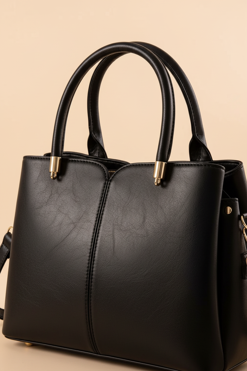 Close detail of a black structured leather shoulder bag showing the top handles and stitched front panels