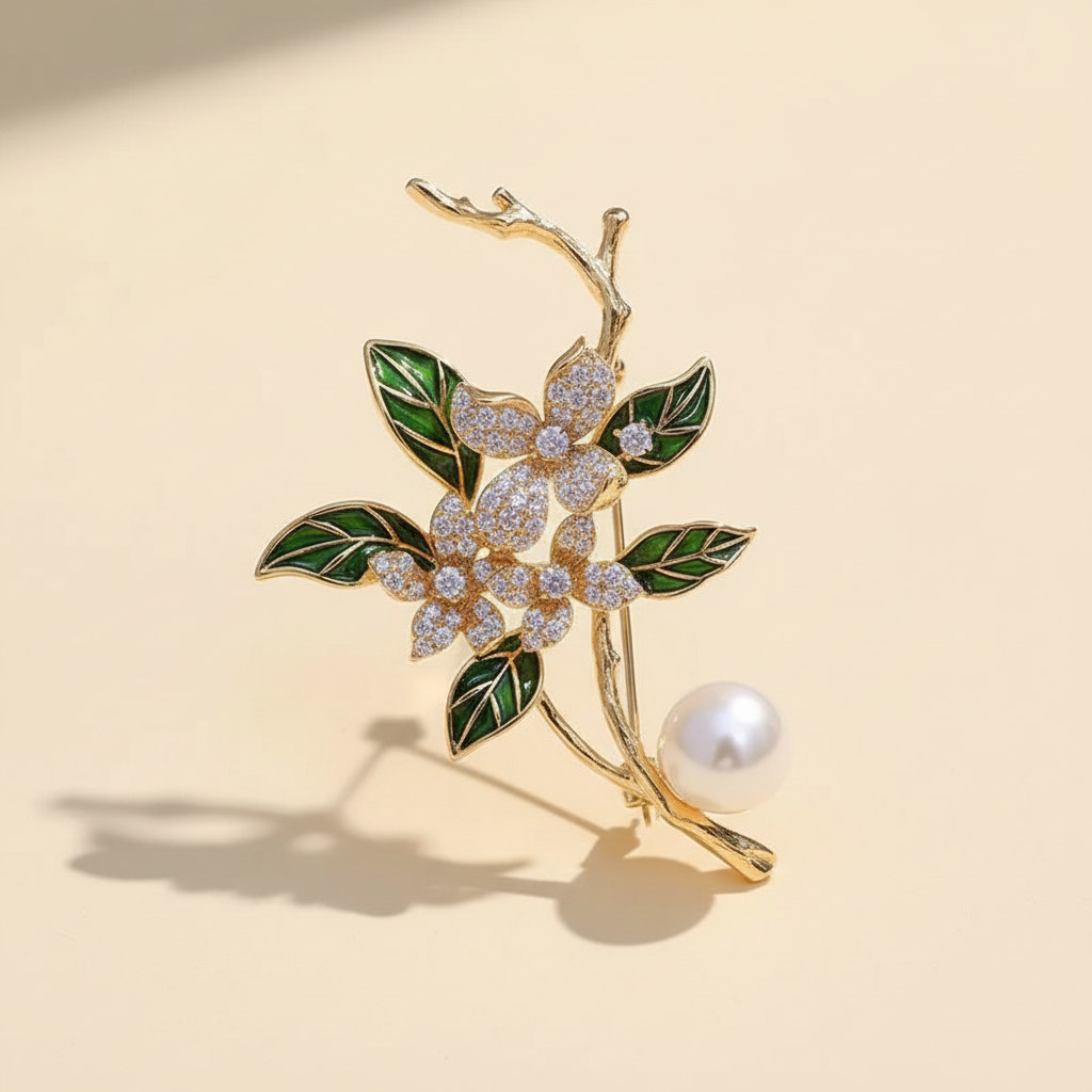 Green leaf pearl brooch on a warm ivory background