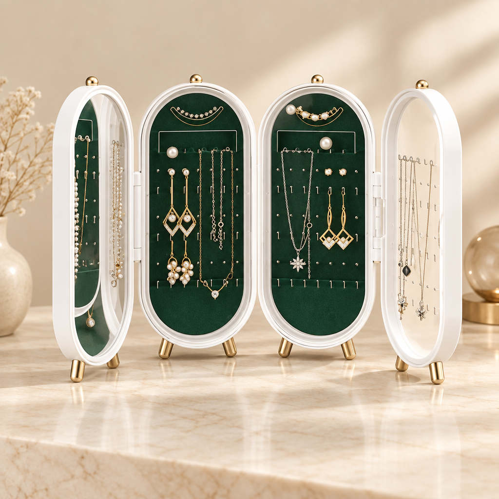 Open folding jewellery display box with white frames, clear panels and green backing on an ivory tabletop