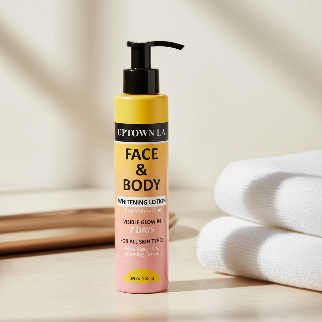 Soothing face and body whitening lotion in a black pump bottle beside folded white towels in a refined neutral setting