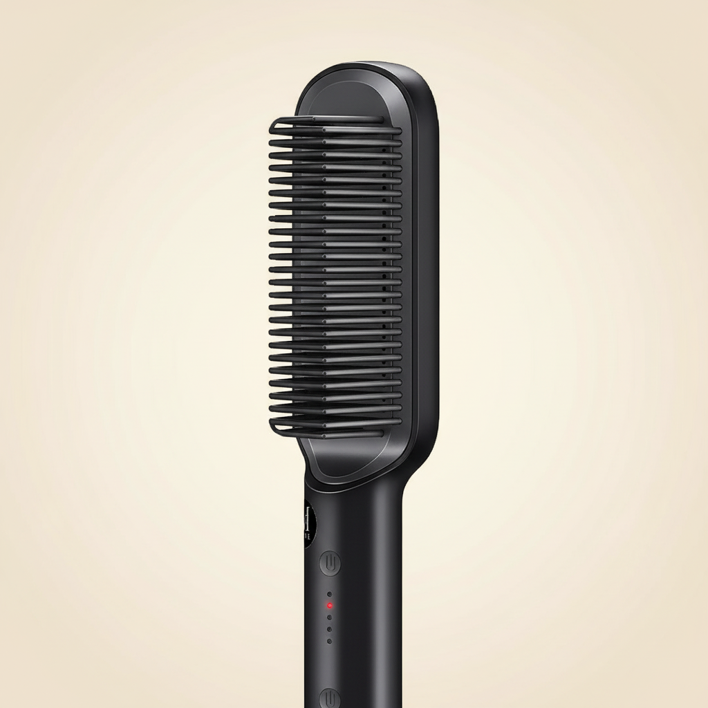 Close detail of the black heated straightening brush comb teeth and handle controls
