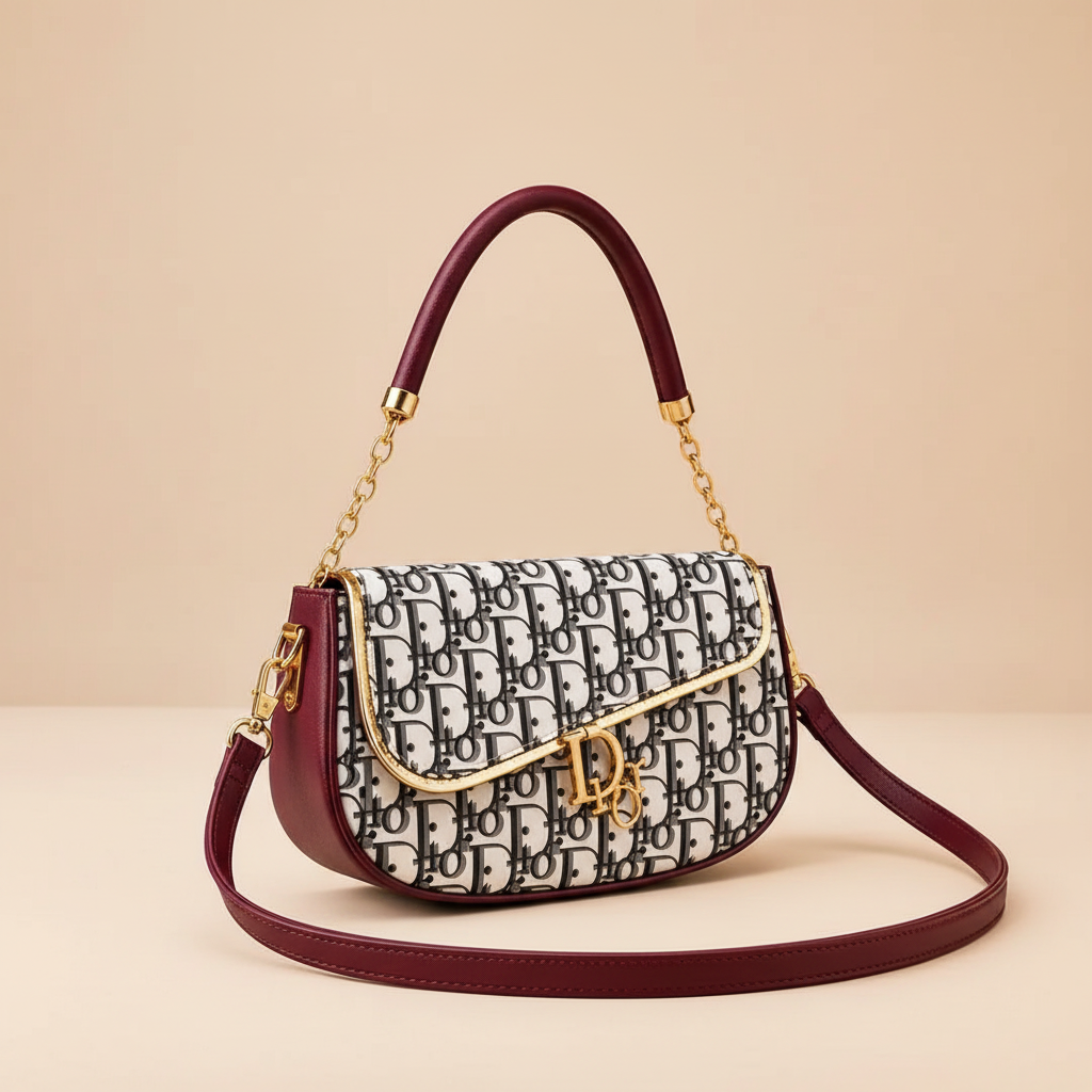 Maroon leather patterned shoulder bag with gold-tone hardware, top handle and long strap