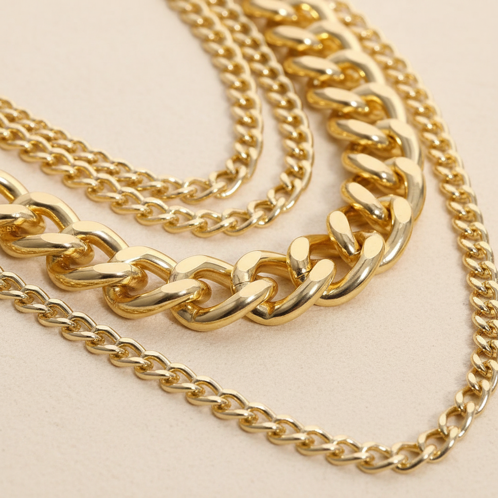 Close-up of layered gold chain necklace links