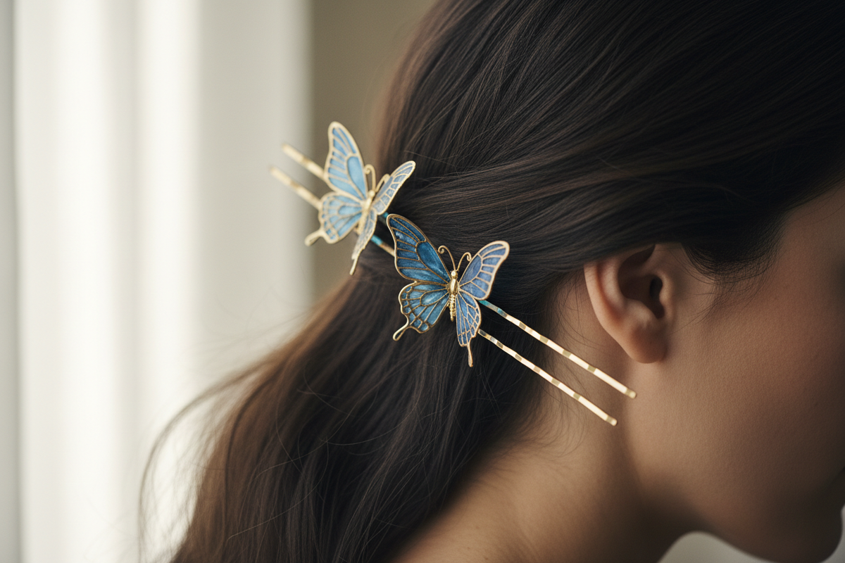Blue and gold butterfly hair pins styled in swept-back dark hair