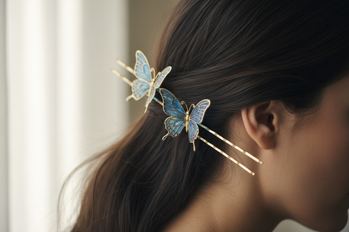 Blue and gold butterfly hair pins styled in swept-back dark hair