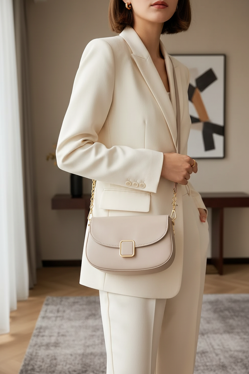 Woman wearing a beige leather shoulder bag with chain strap over an ivory tailored outfit