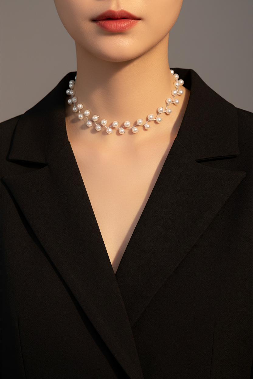 White beaded choker necklace styled with a black blazer