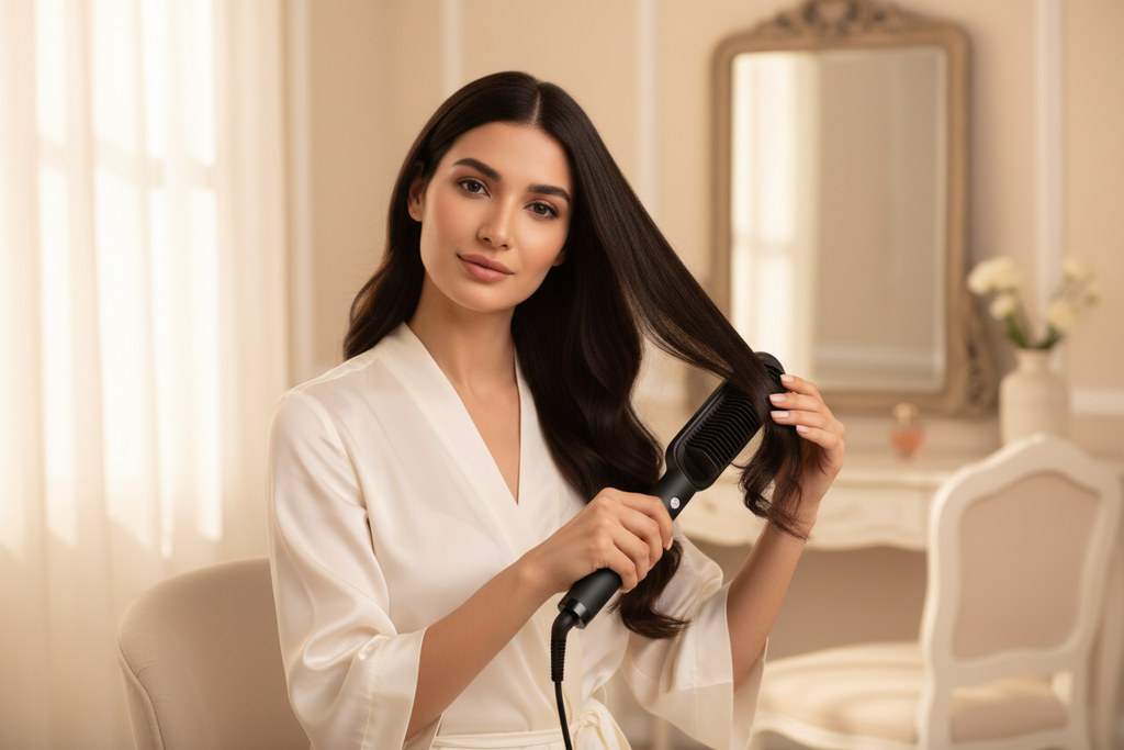 Woman styling dark hair with a black heated hair dryer brush in an ivory room
