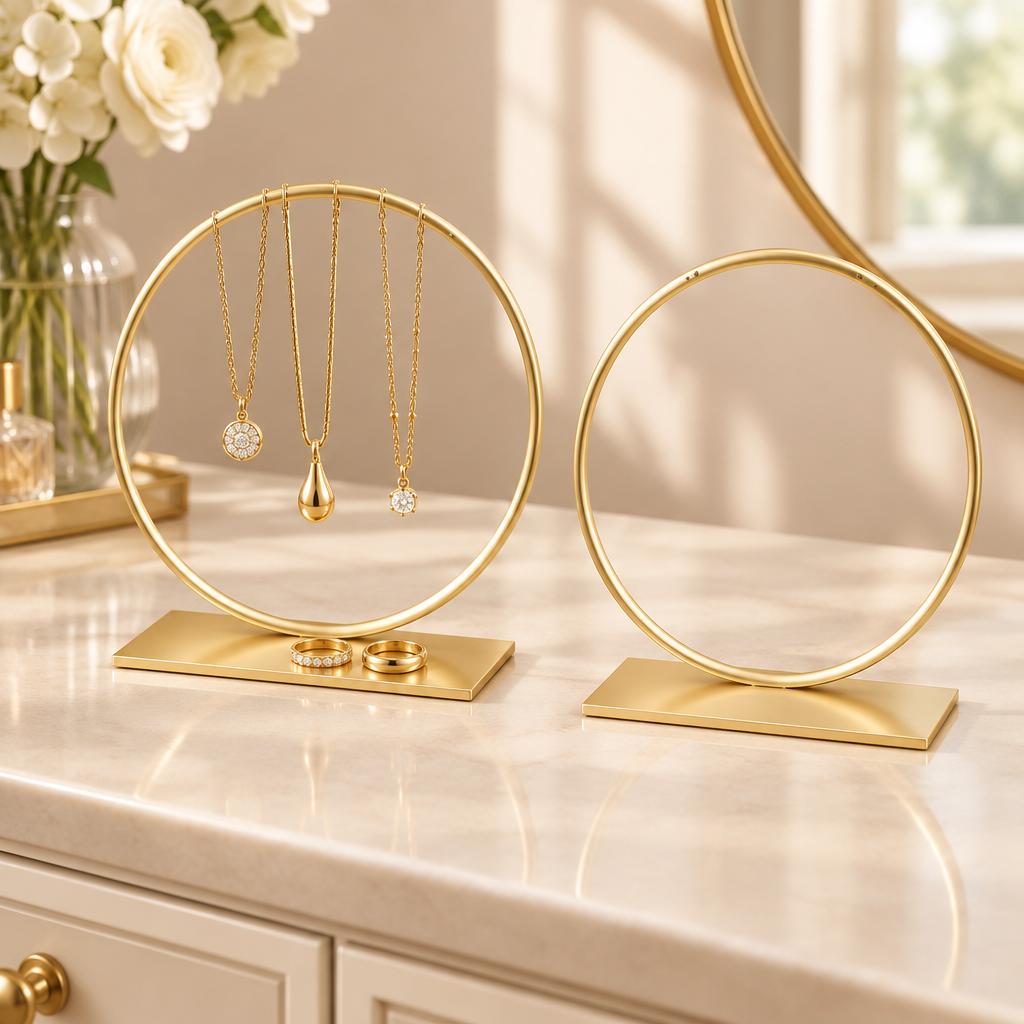 Two gold-plated circular jewelry stands on an ivory vanity, with necklaces and rings displayed on one stand