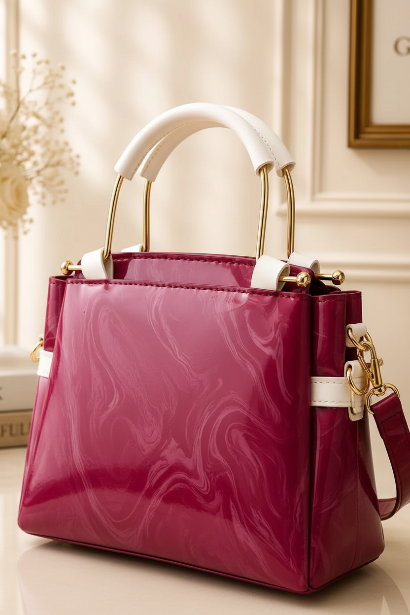 Close detail of maroon printed leather shoulder bag
